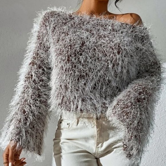 fluffy knit Off Shoulder Trumpet Sleeve Sweater Top Brown - Picture 7 of 9